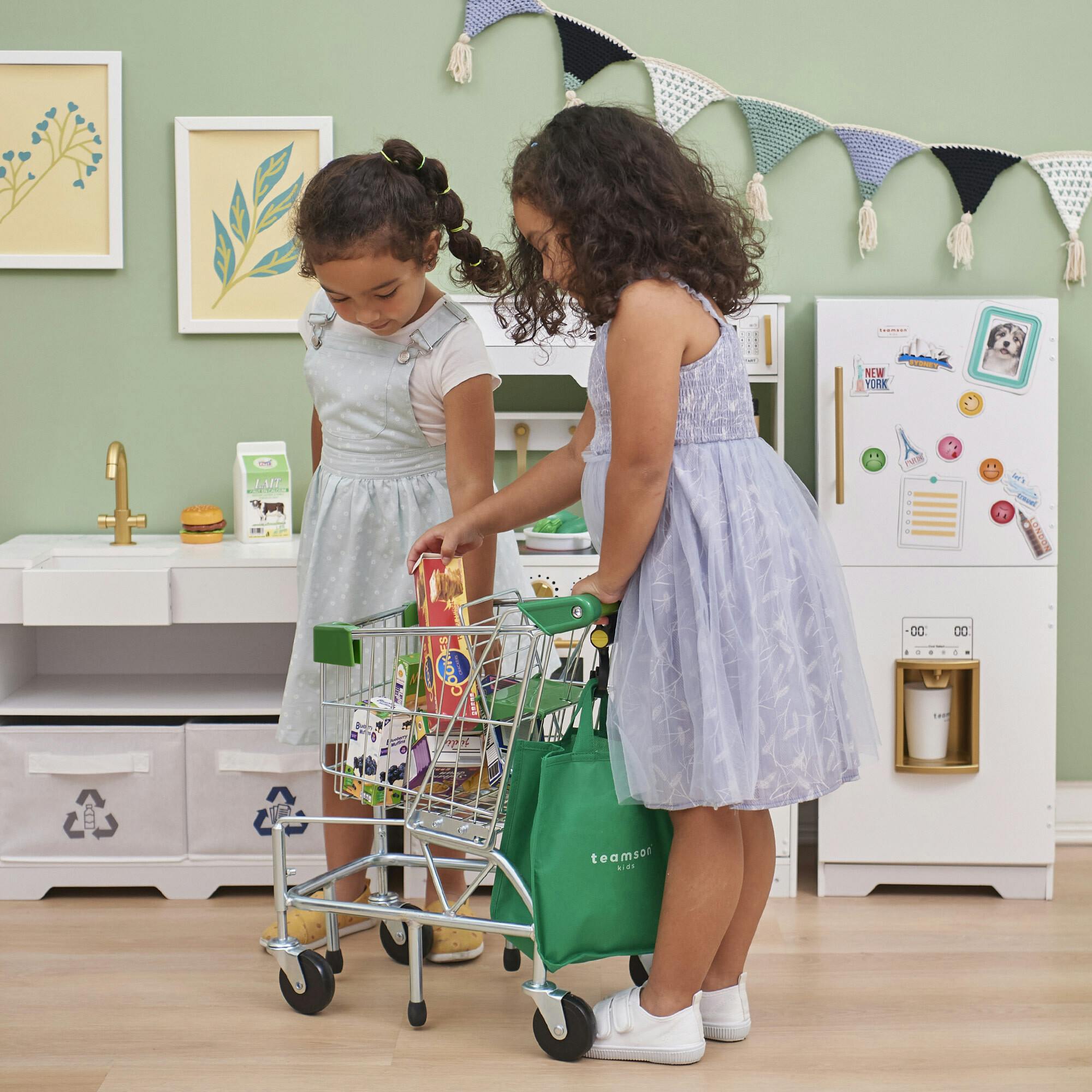 Little Helper Dallas Shopping Cart With Play Food - Chrome/Green