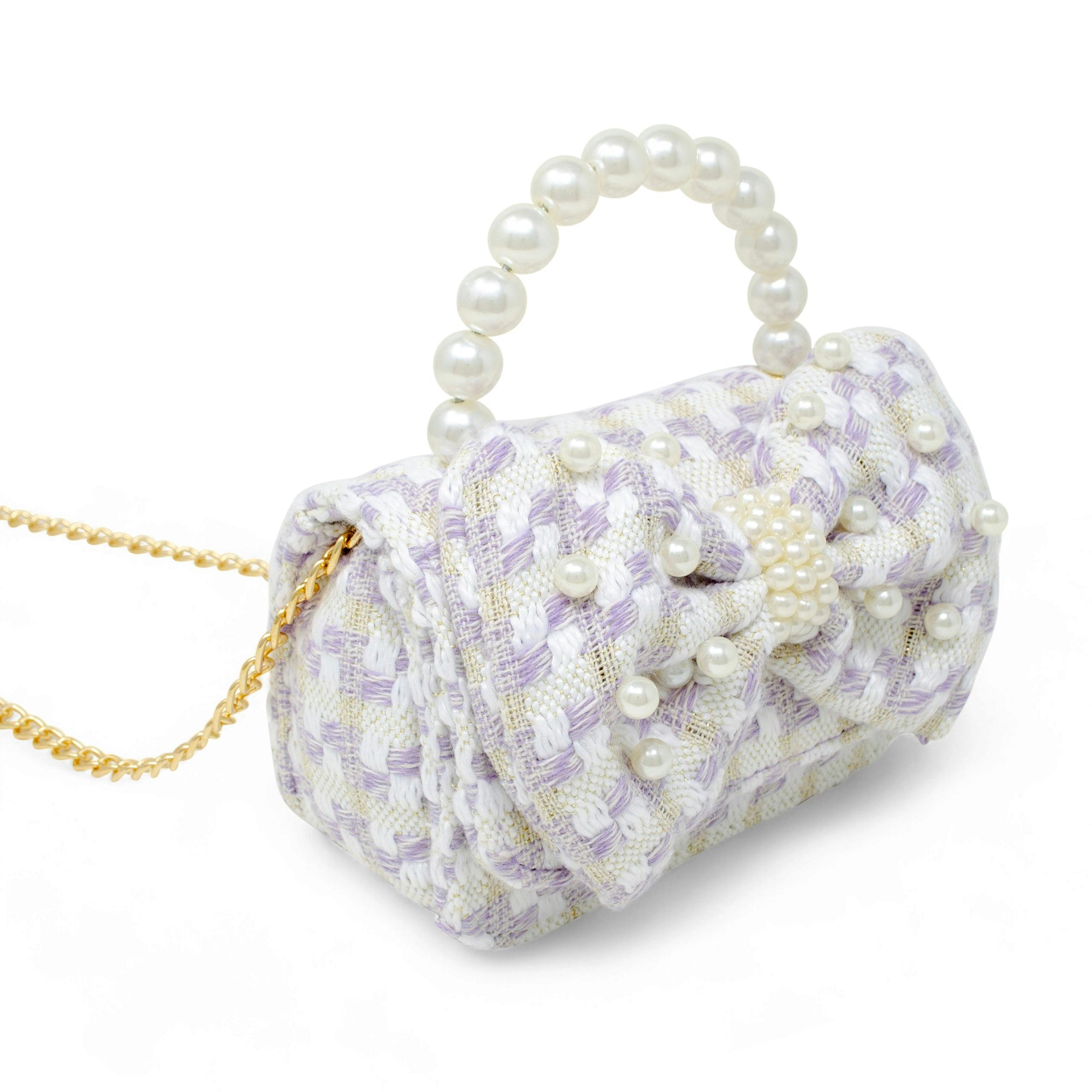 Girls Tweed Jumbo Pearl Bow Handbag