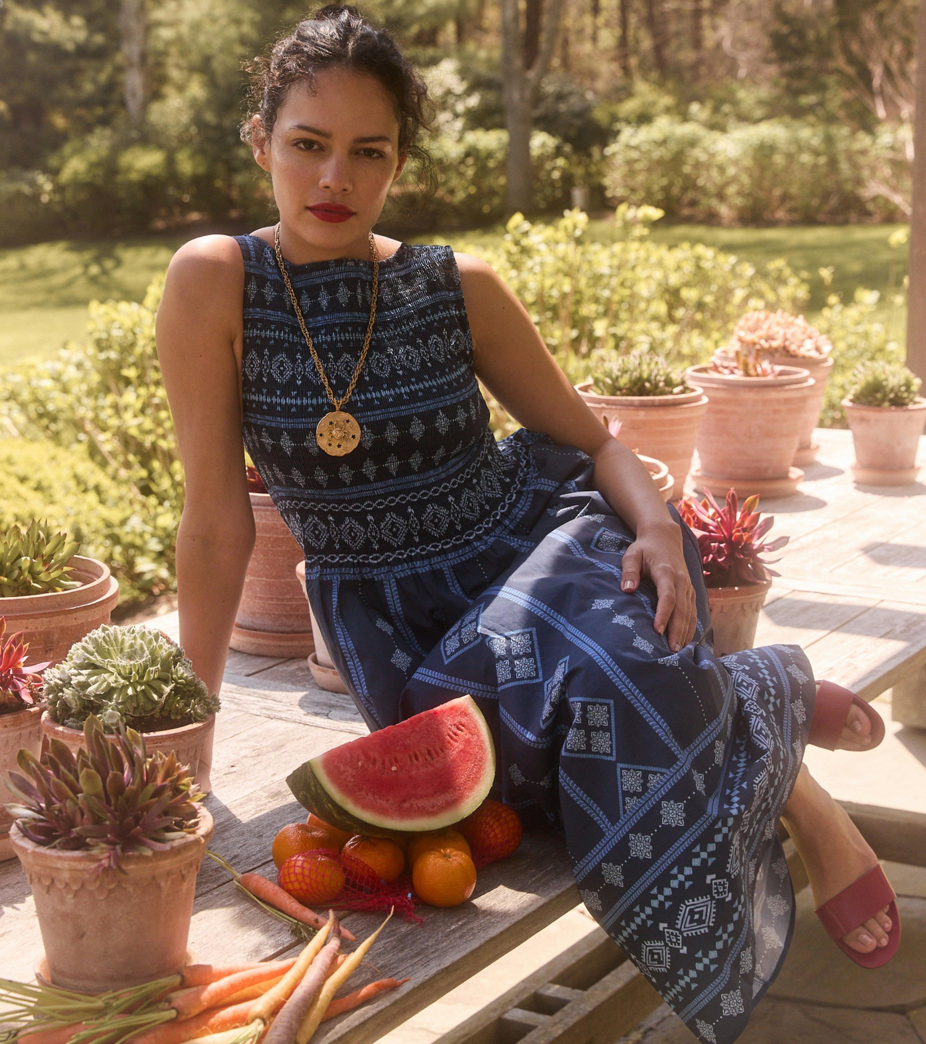 The Cosima Nap Dress - Navy Diamond Batik