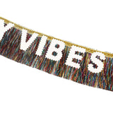 Packed Party Birthday Vibes Tinsel and Glitter Party Sash – 60 Inch Multicolor Tinsel Fringe with Iridescent Glitter Letters and Gold Binding Ties, One Size