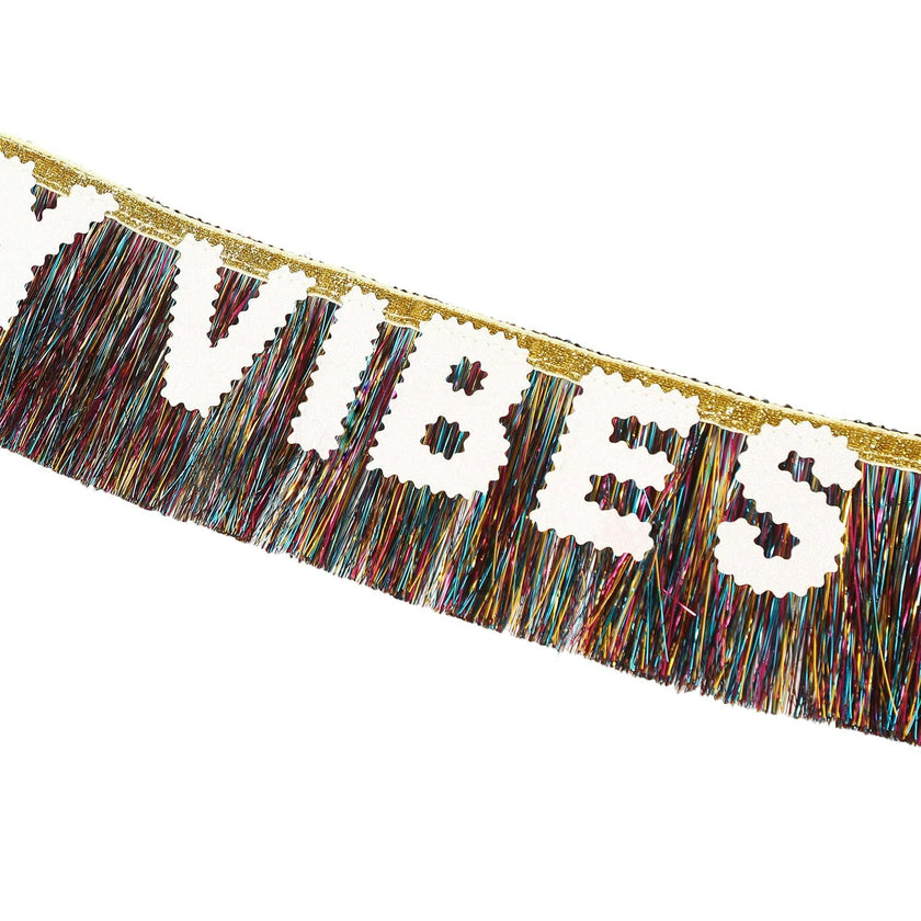 Packed Party Birthday Vibes Tinsel and Glitter Party Sash – 60 Inch Multicolor Tinsel Fringe with Iridescent Glitter Letters and Gold Binding Ties, One Size