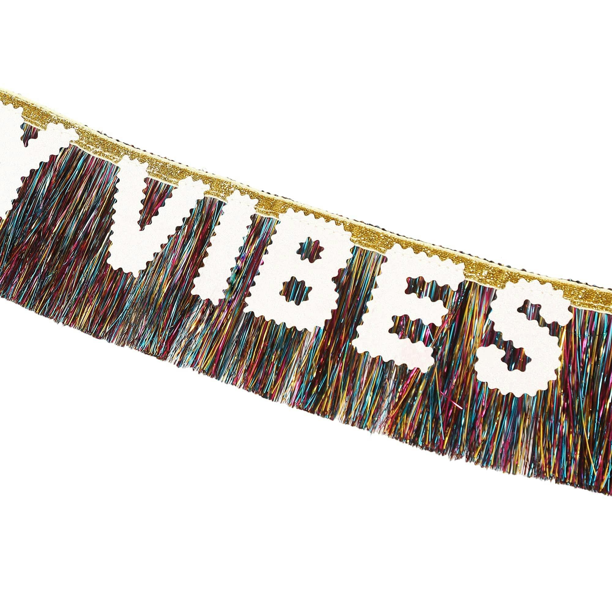 Packed Party Birthday Vibes Tinsel and Glitter Party Sash – 60 Inch Multicolor Tinsel Fringe with Iridescent Glitter Letters and Gold Binding Ties, One Size