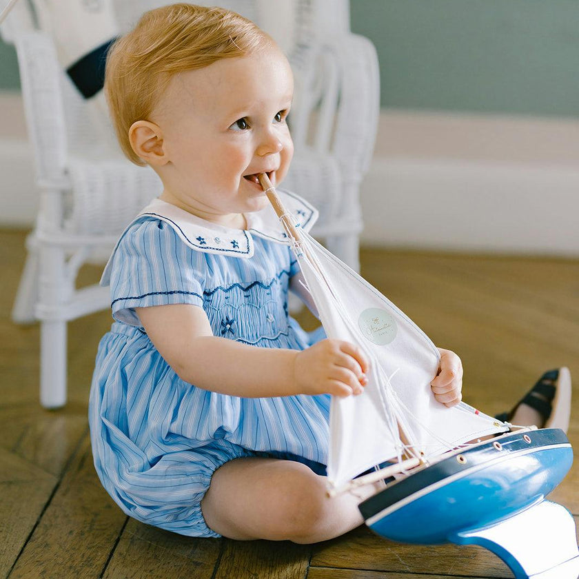 Riviera Blue Stripe Smocked Bubble Romper