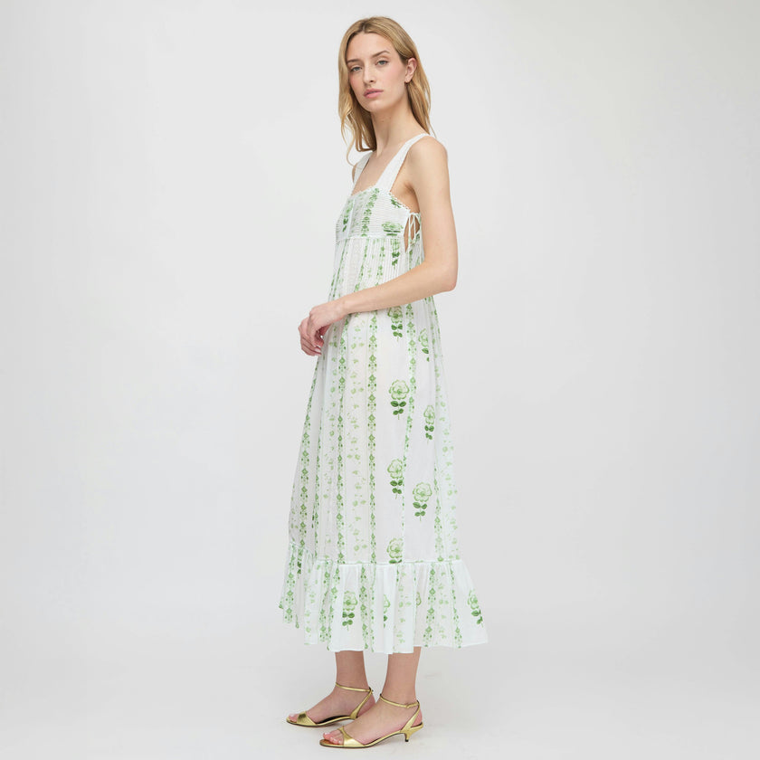 The Lux Nightgown - White/Green Arcadia Border
