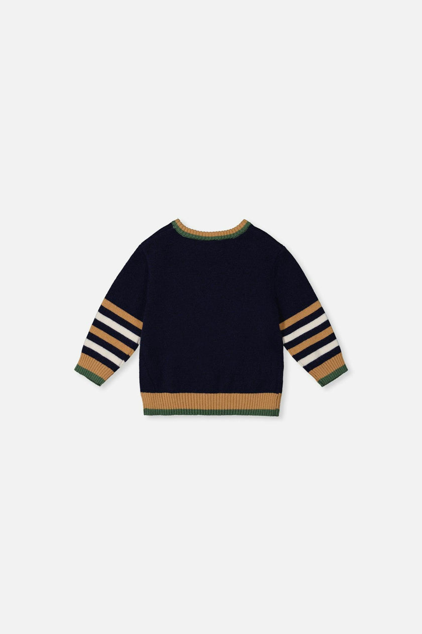 Baby Knit Sweater With Intarsia Dark Blue, Brown And Beige