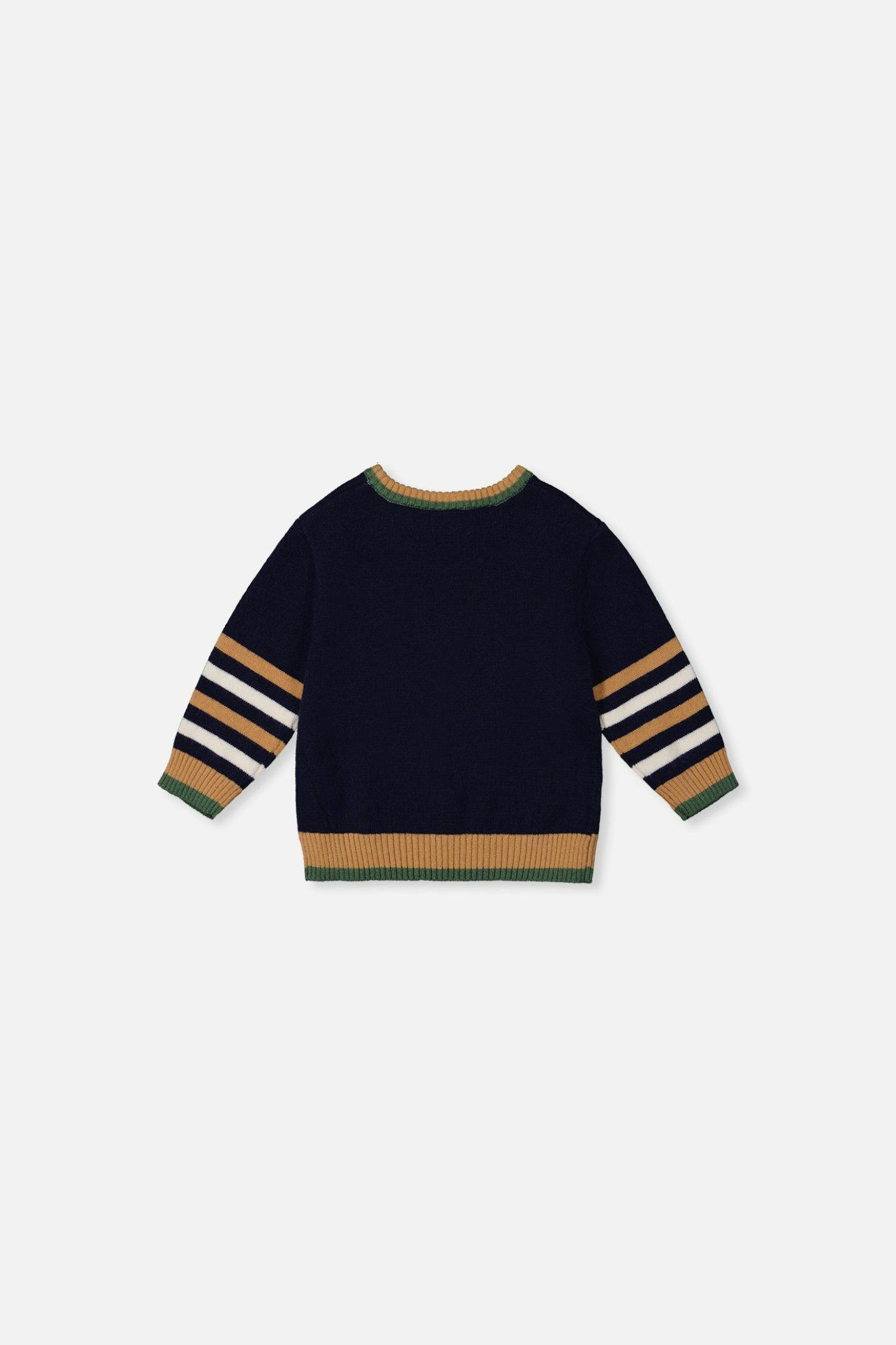 Baby Knit Sweater With Intarsia Dark Blue, Brown And Beige