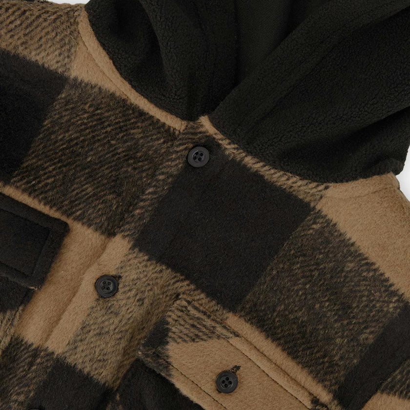 Flannel Shirt with Fleece Hood Brown and Black Plaid