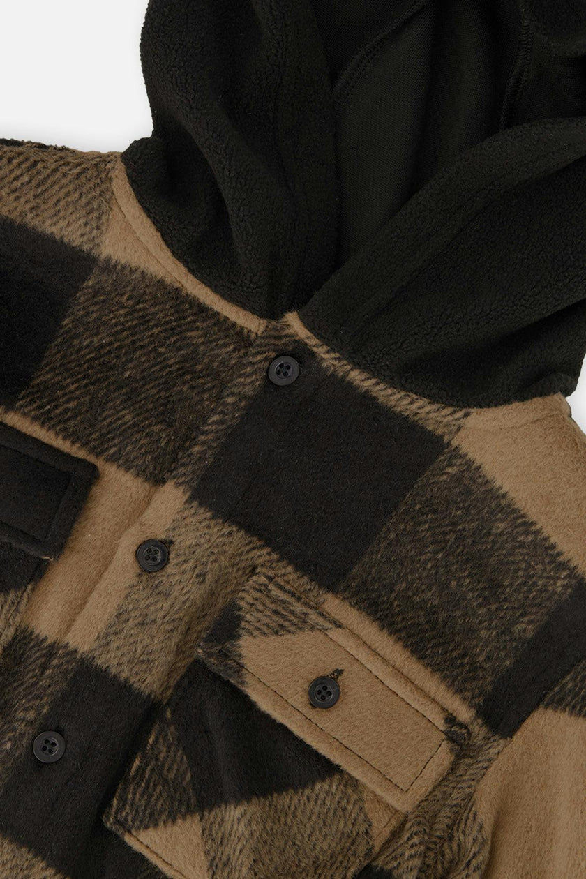 Flannel Shirt with Fleece Hood Brown and Black Plaid