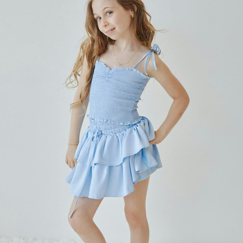 Georgia Pastel Blue Satin Smocked Top