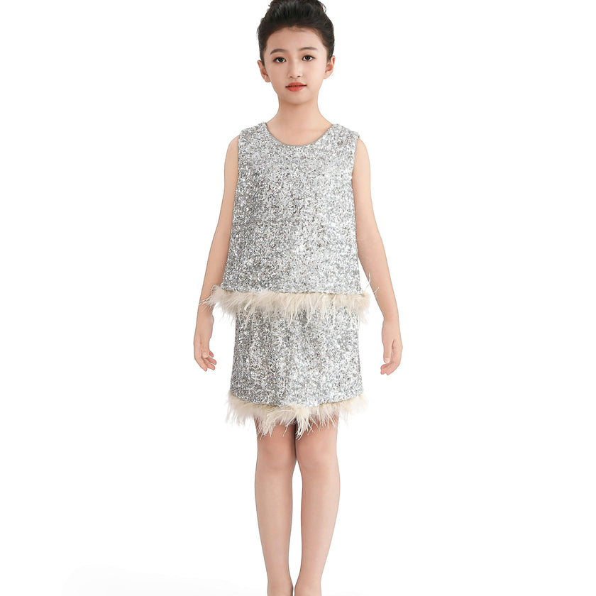 Silver Sequin Feather-Trim Set