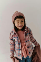 Kids Hooded Shacket in Pink Blue Plaid