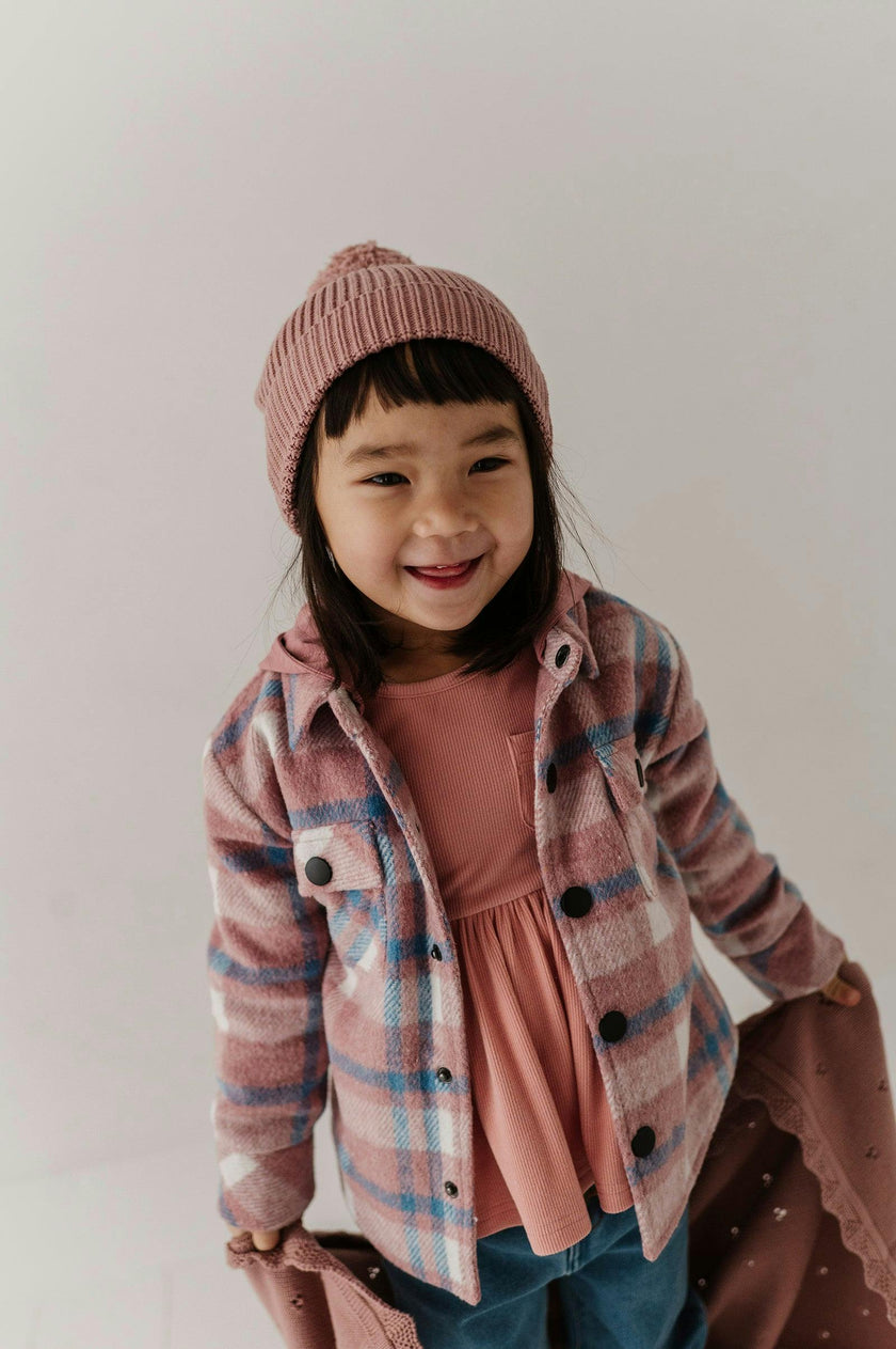 Kids Hooded Shacket in Pink Blue Plaid