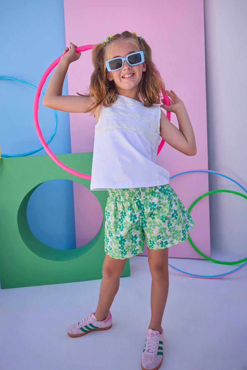 Shirred Shorts - Greenspring Groovy Floral