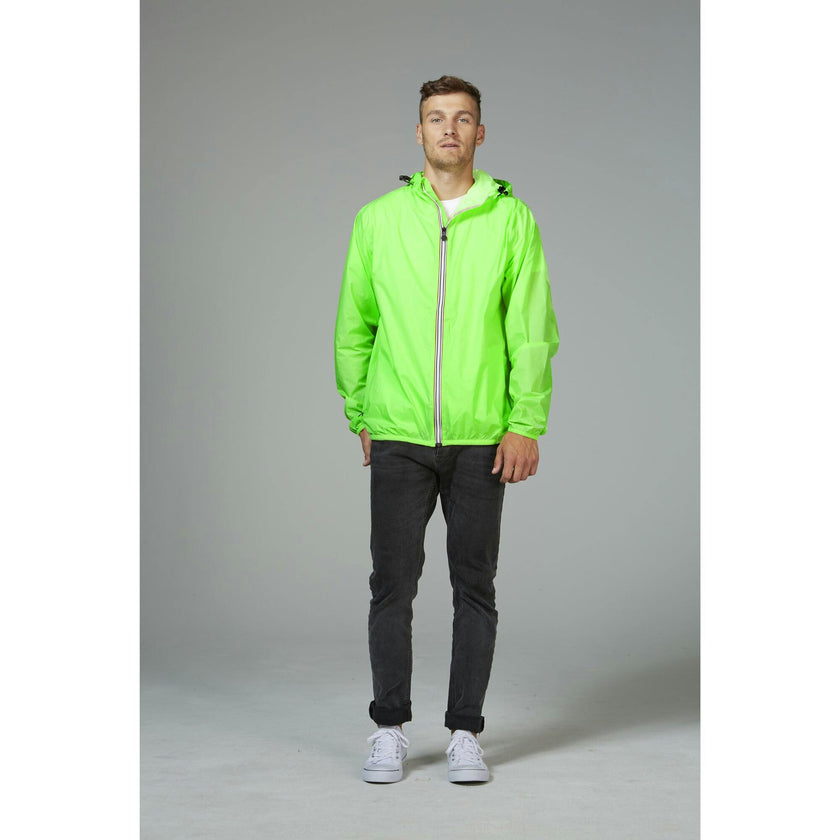 Green fluo full zip packable rain jacket and windbreaker