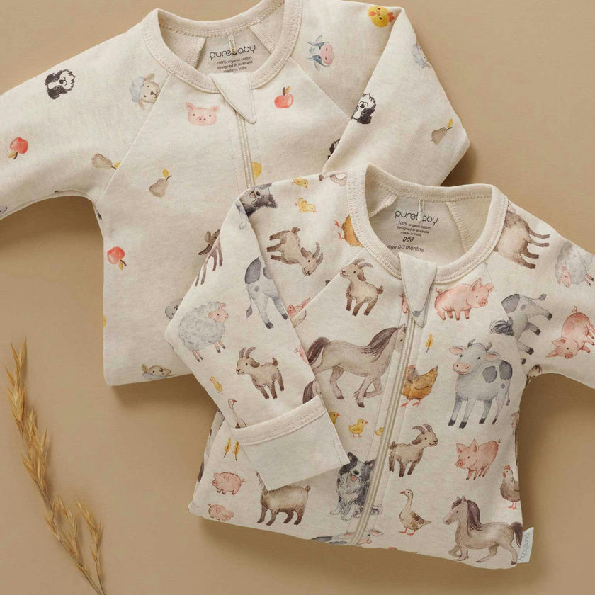 Printed Zip Growsuit Pack Farm Animals Print