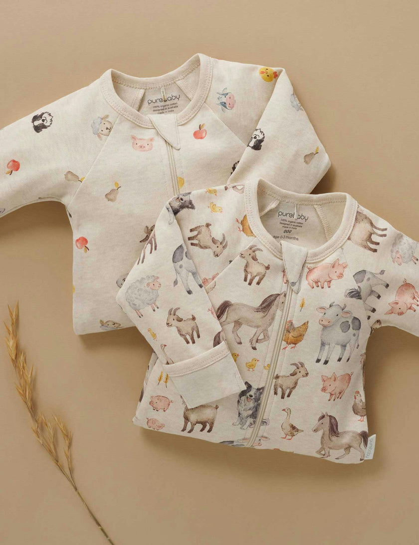 Printed Zip Growsuit Pack Farm Animals Print