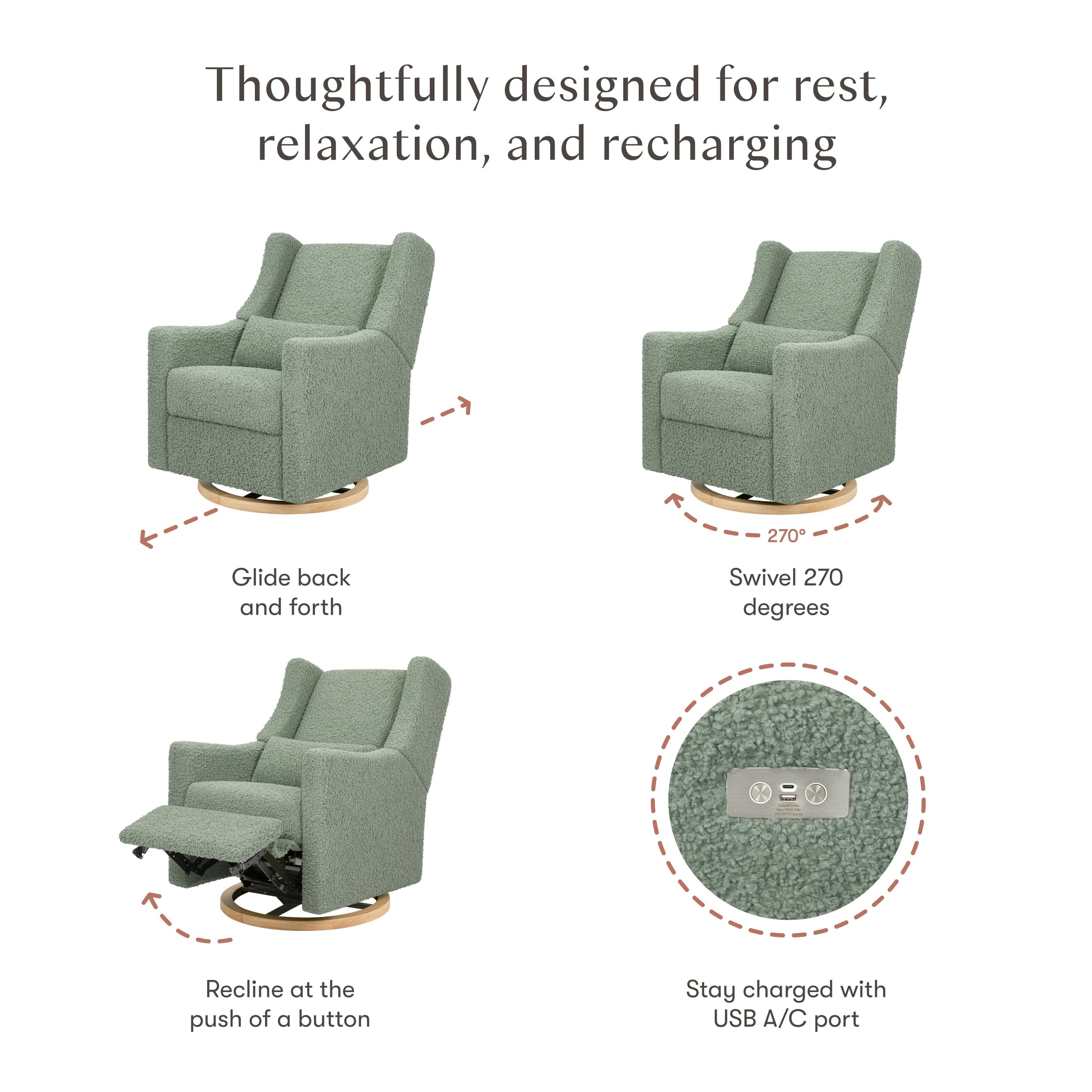 Kiwi Electronic Recliner and Swivel Glider with USB port in Sage Teddy Loop with Light Wood Base