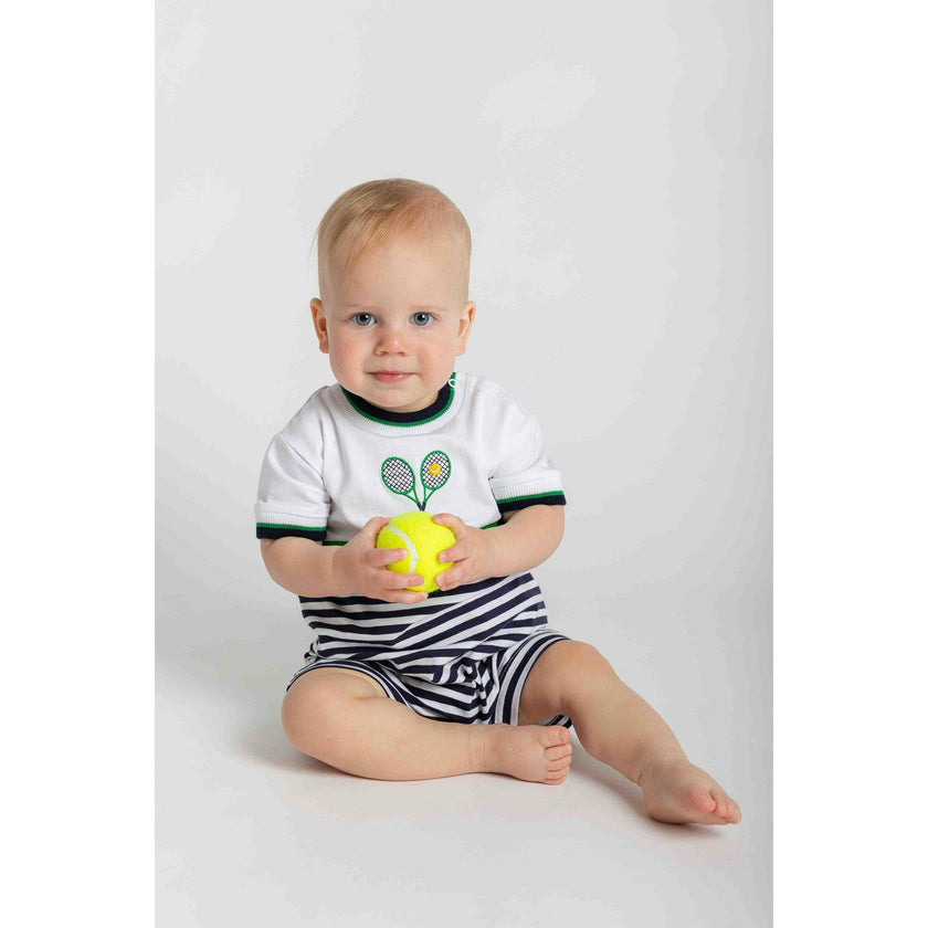 Stripe Knit Shortall with Tennis Rackets