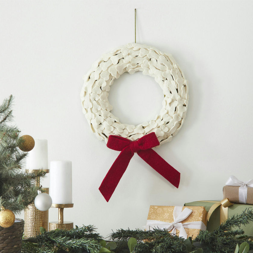 Dog Bones Red Bow Handmade Hand Felted Wool Wreath - 14"
