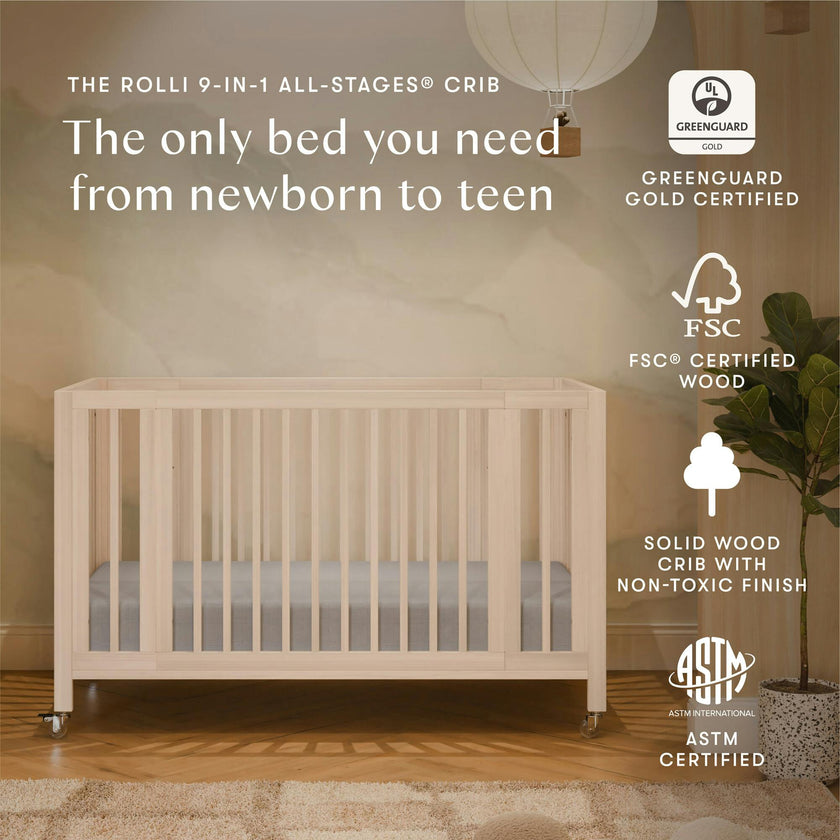 Rolli 9-in-1 Convertible All-Stages® Crib with Bassinet & Toddler Bed Conversion Kits in Washed Natural