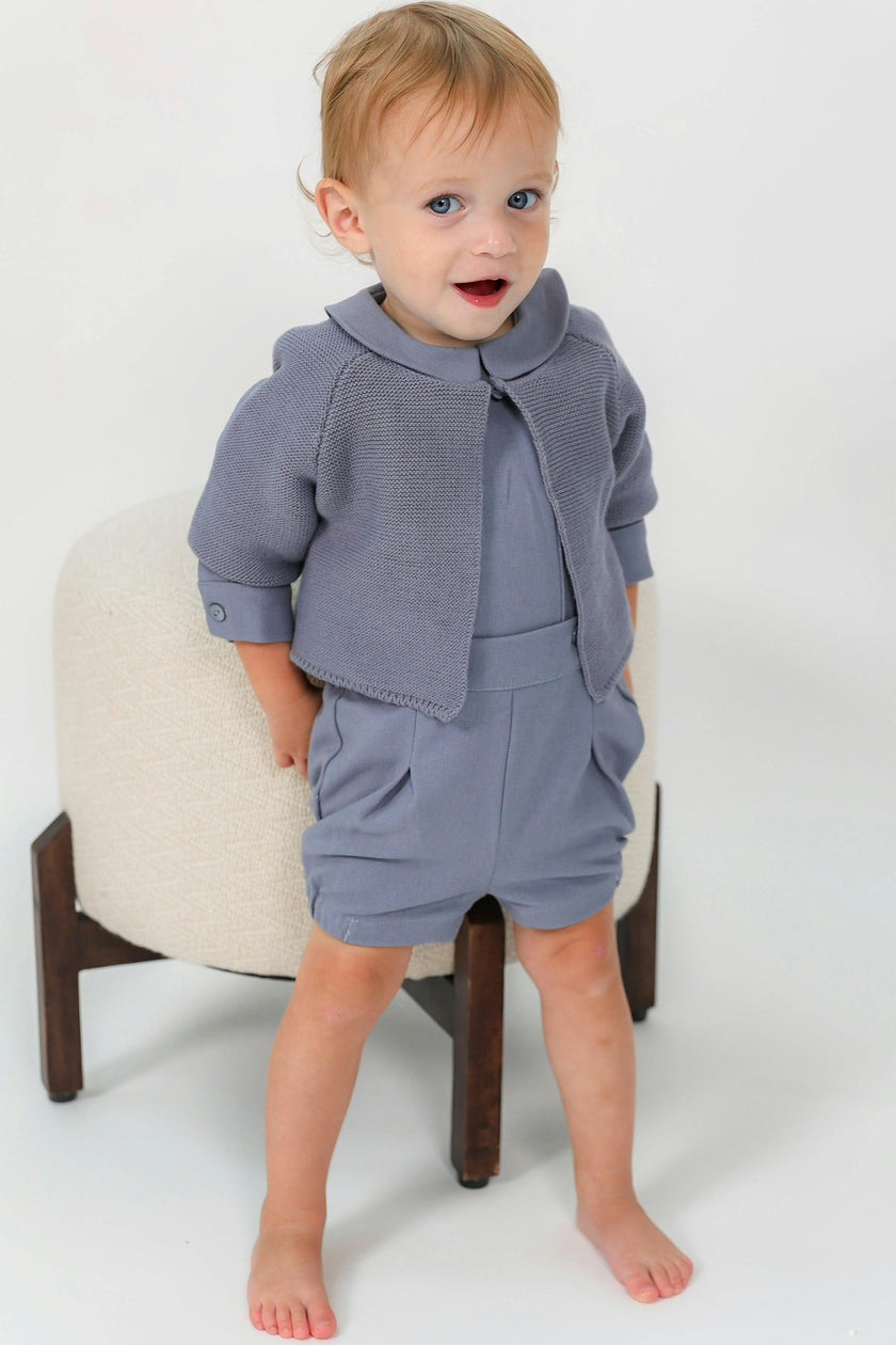 Woolen Button Front Long Sleeve Cardigan, Shirt, and Shorts Three Piece Set