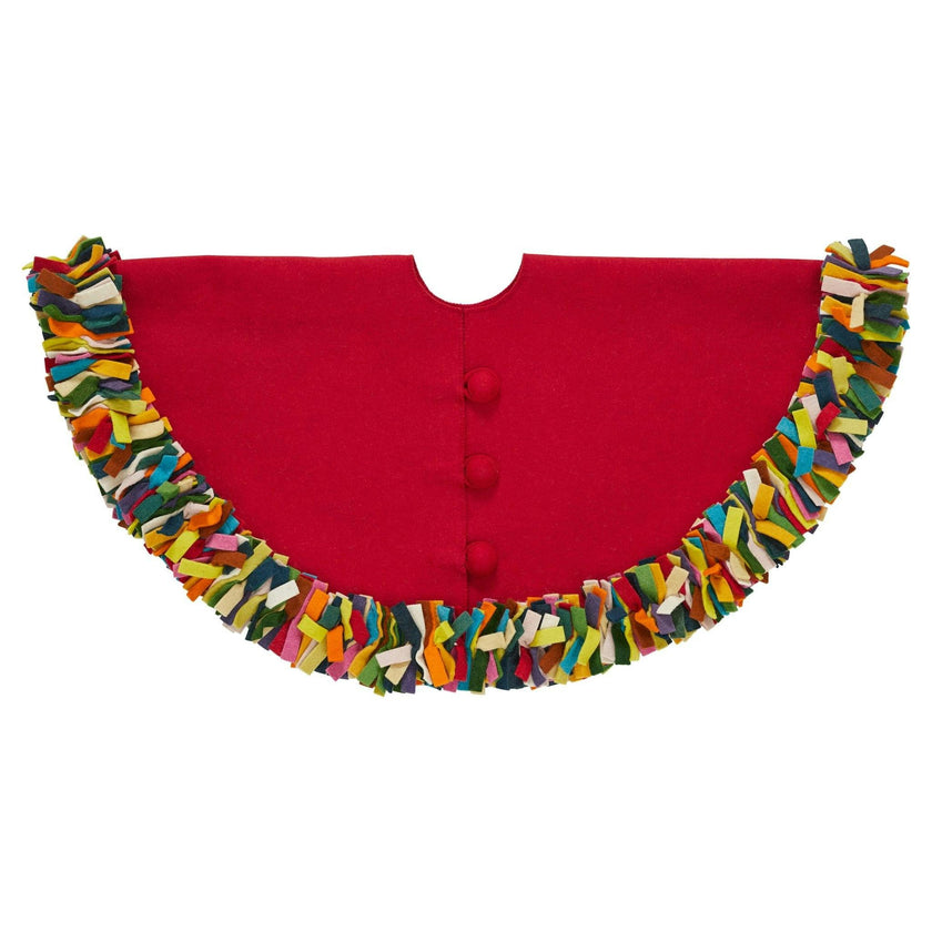 Handmade Felt Multicolor Fringe Border Red Wool Christmas Tree Skirt