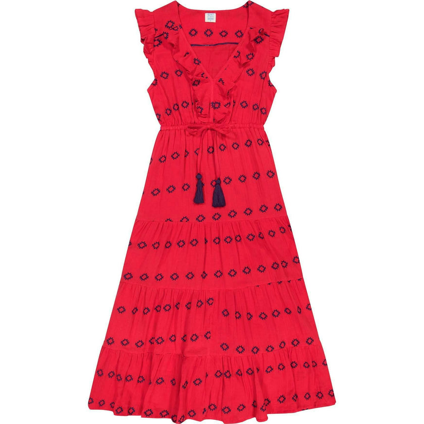 Women's Giselle Ruffle V-Neck Embroidered Maxi Dress, Red