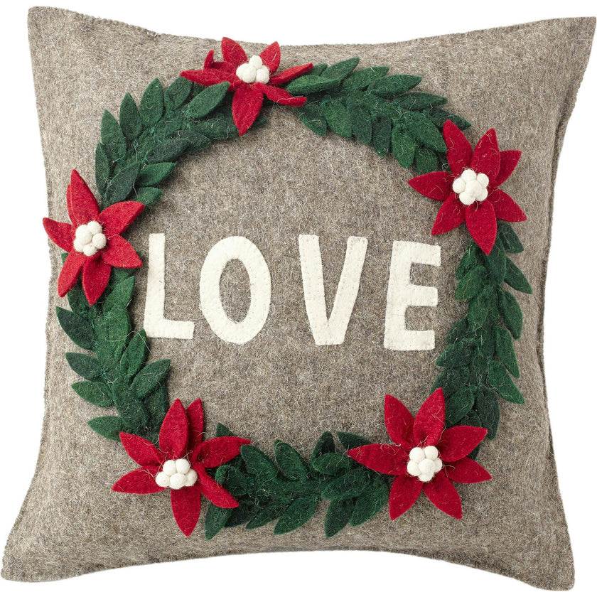 Handmade Pillow Hand Felted Wool - LOVE Wreath Gray - 20"