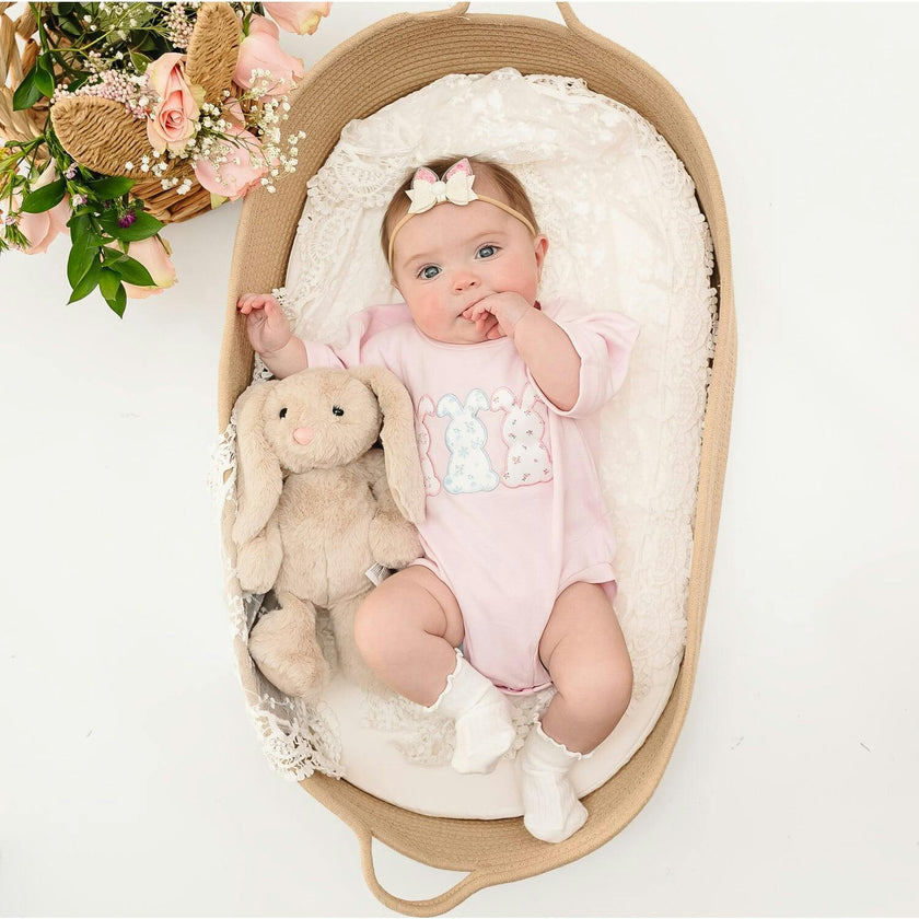 Floral Bunny Patch Easter Short Sleeve Romper - Ballet