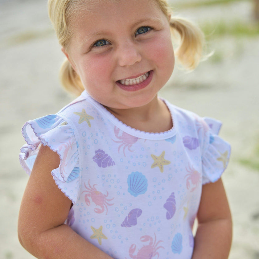 Printed Angel Sleeve Dress - Sea Shells