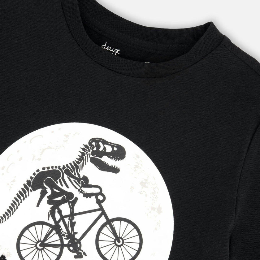 Glow In The Dark Organic Cotton Jersey T-Shirt With Dino On Bike Print Black