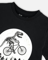 Glow In The Dark Organic Cotton Jersey T-Shirt With Dino On Bike Print Black