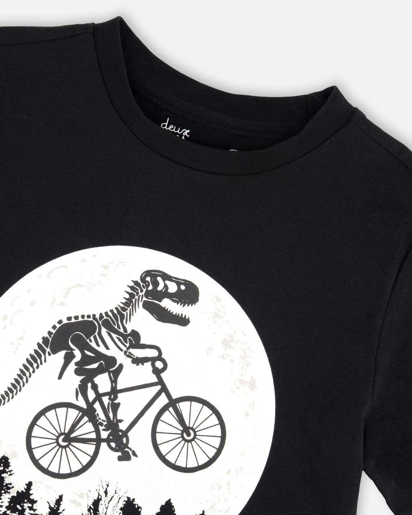 Glow In The Dark Organic Cotton Jersey T-Shirt With Dino On Bike Print Black