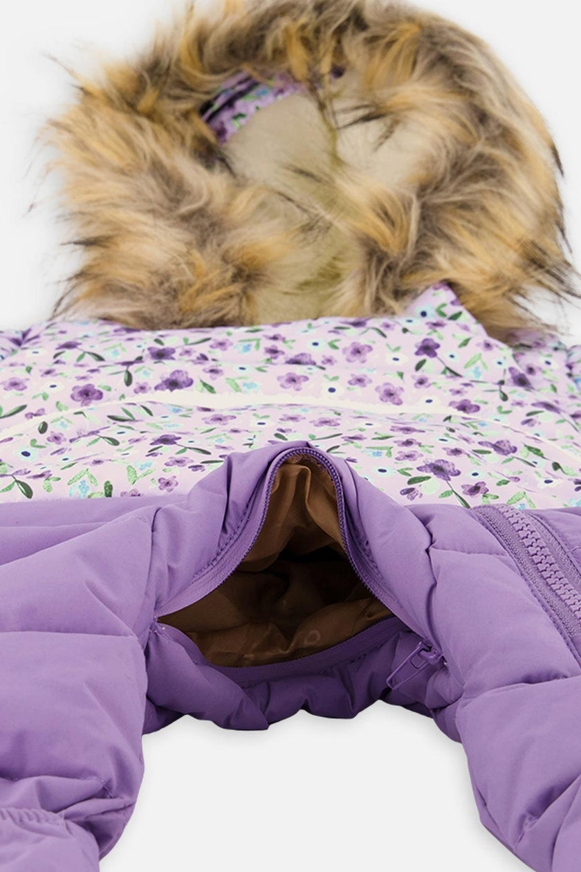 Baby Snug One Piece Snowsuit Adapted For Car Seats Purple Printed Mini Flowers