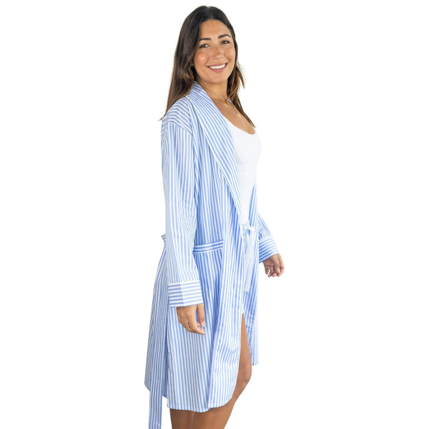 Women's Braddock Classic Robe - Blue Stripe Organic Cotton Poplin