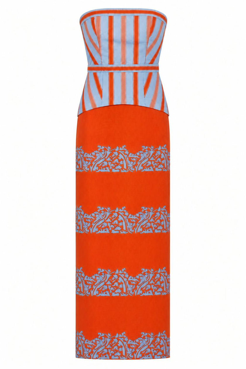 Hampton Coral Vine Stripe Strapless Midi Dress