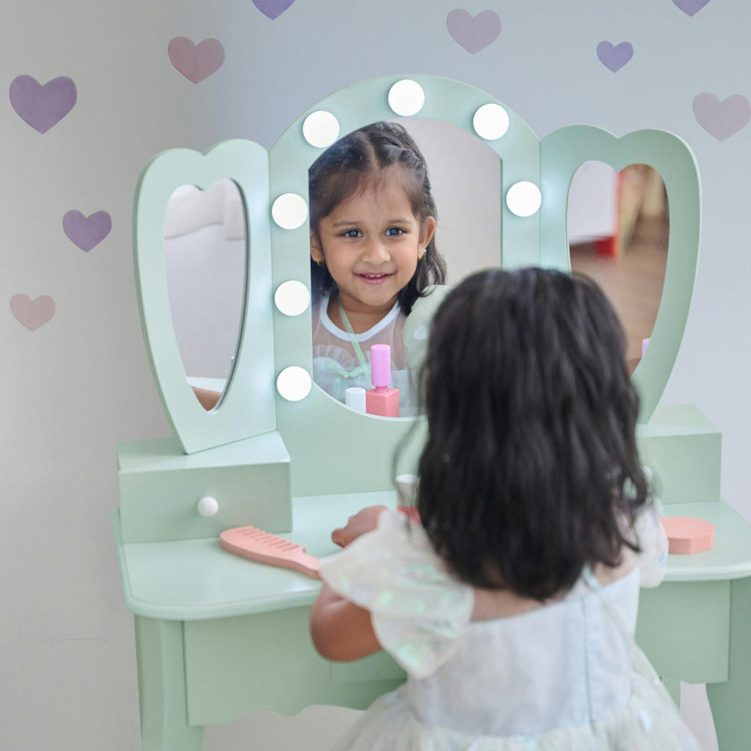 Teamson Kids Heart Glow Wooden Vanity Set With LED Lights Mirror & Stool