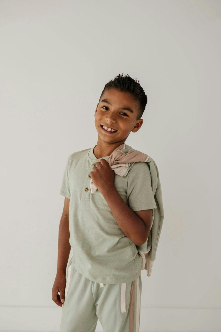 Boys Short Sleeve Henley Shirt in Desert Sage