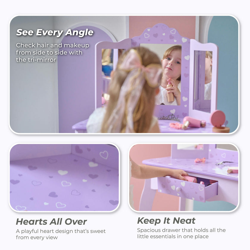 Hearts Gisele Wood Vanity with Tri-Fold Mirror & Drawer, Purple