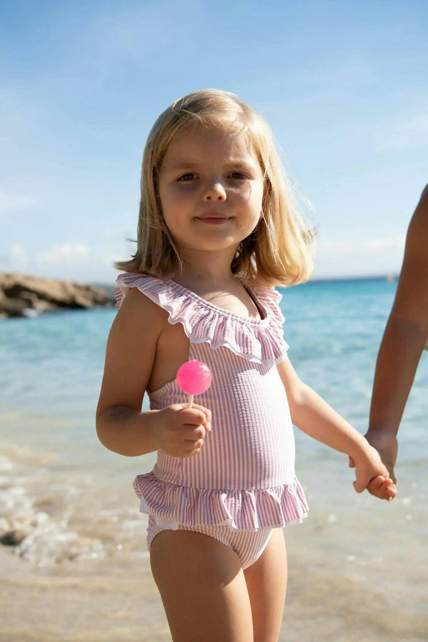 Girls' one-piece swimsuit with lilac ruffles | CANDY 1P