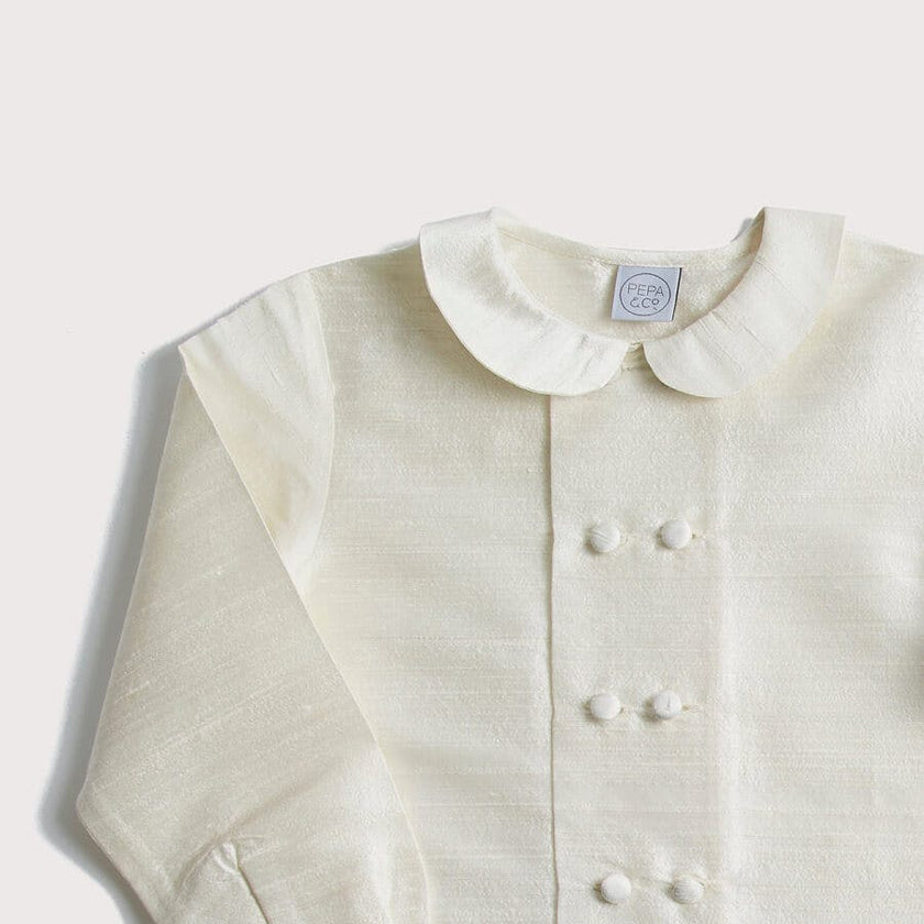 Boy's white double-breasted Peter Pan collar silk shirt (12mths-10yrs)