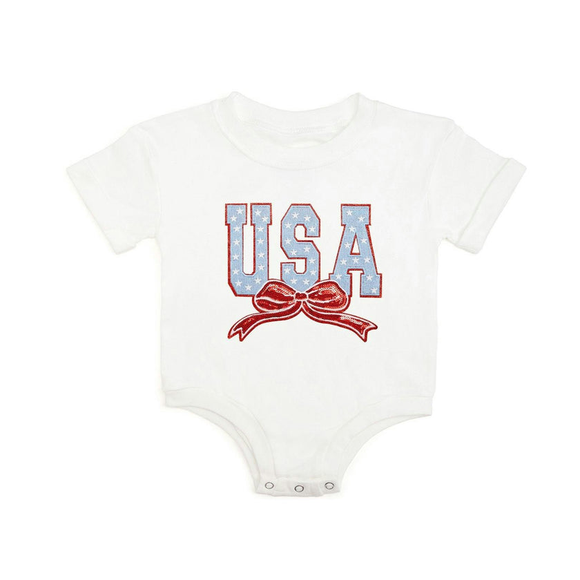 USA Stars & Bow Patch Short Sleeve Romper - White