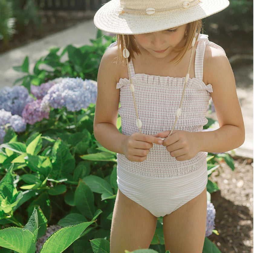 girls pink stripe tie smocked one piece