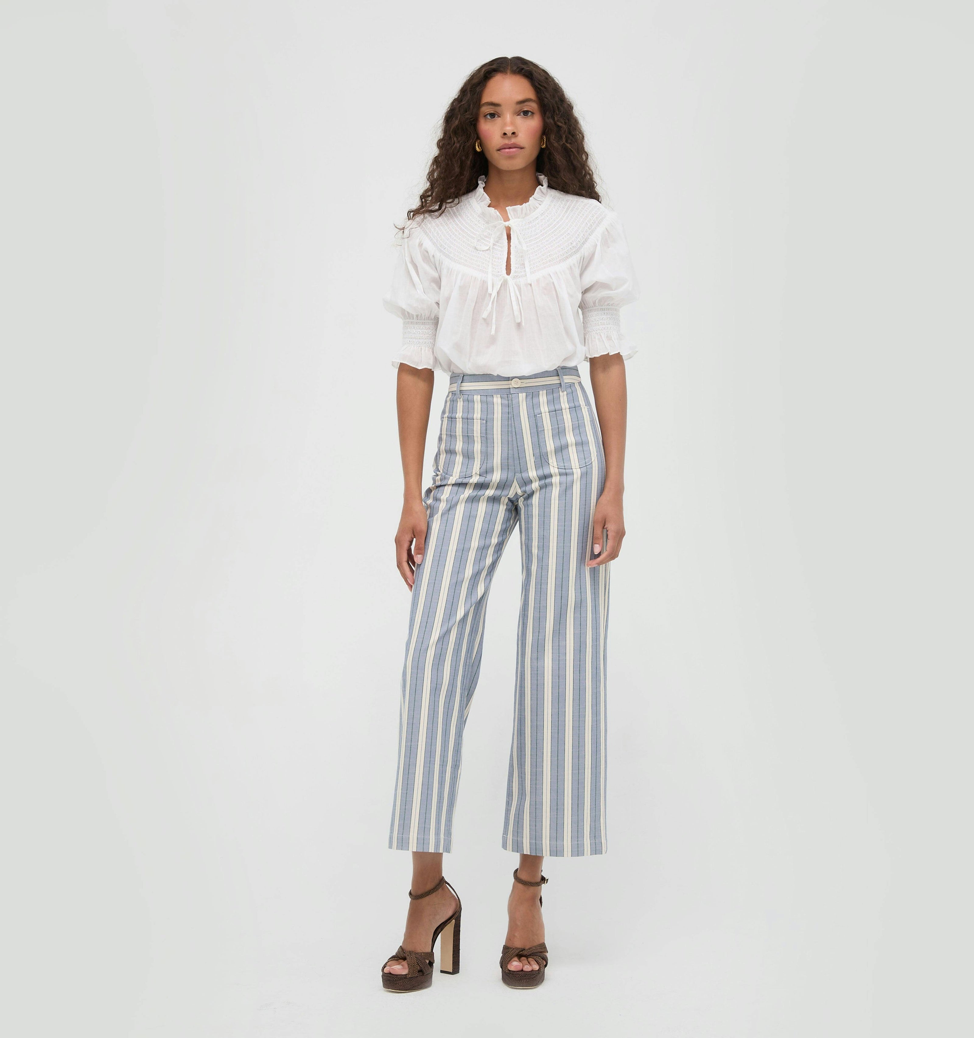 The Mindy Pant -  Coln Ticking Stripe Dusty Blue