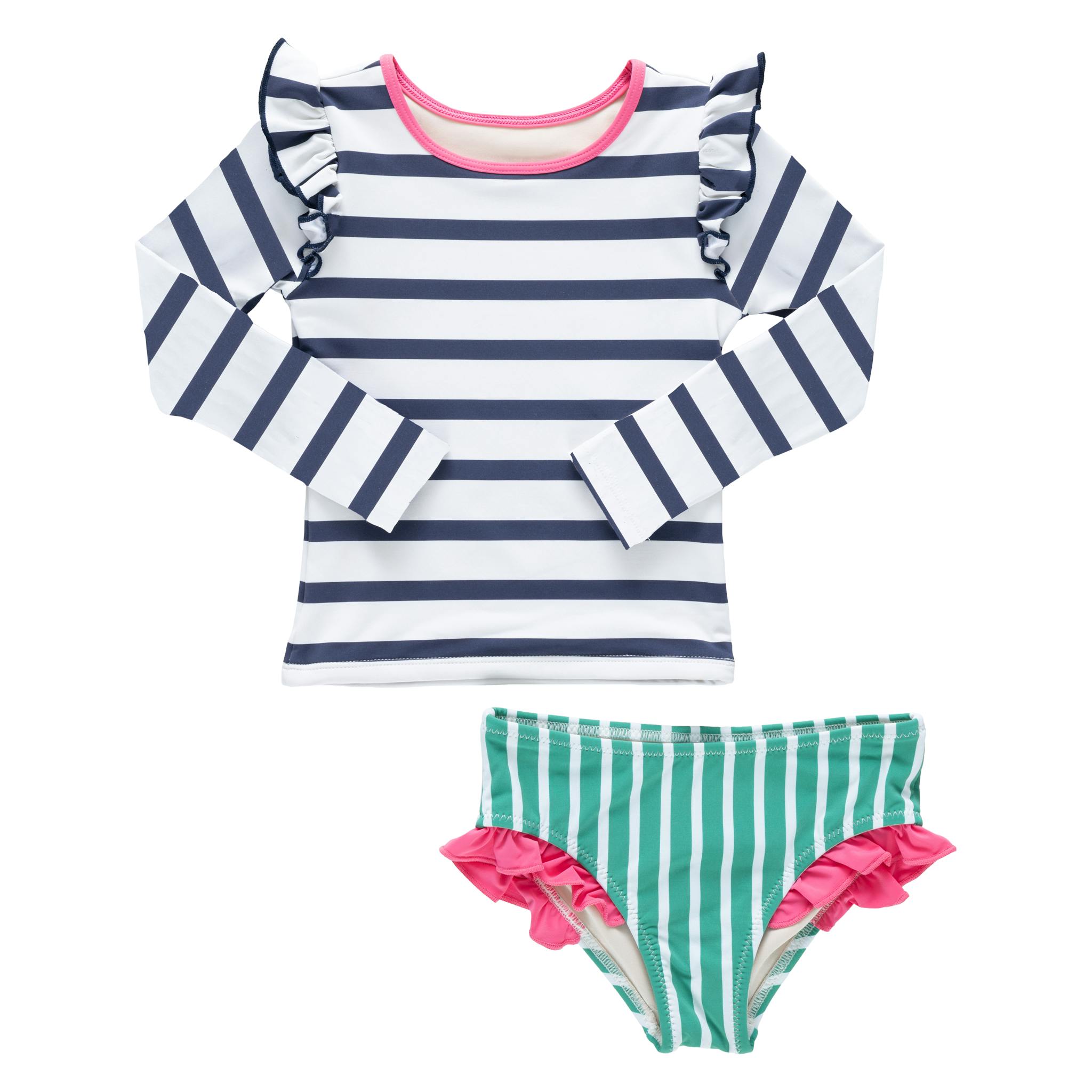 Girls Rash Guard Set - Navy Stripe