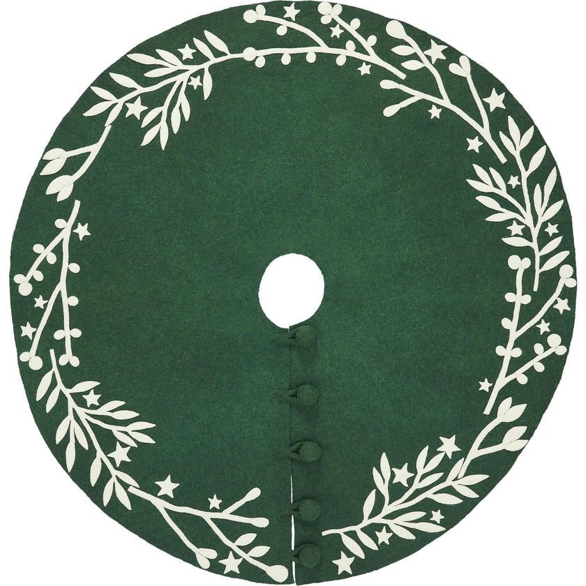 Handmade Felt Cream Branches and Stars Green Christmas Tree Skirt 60"