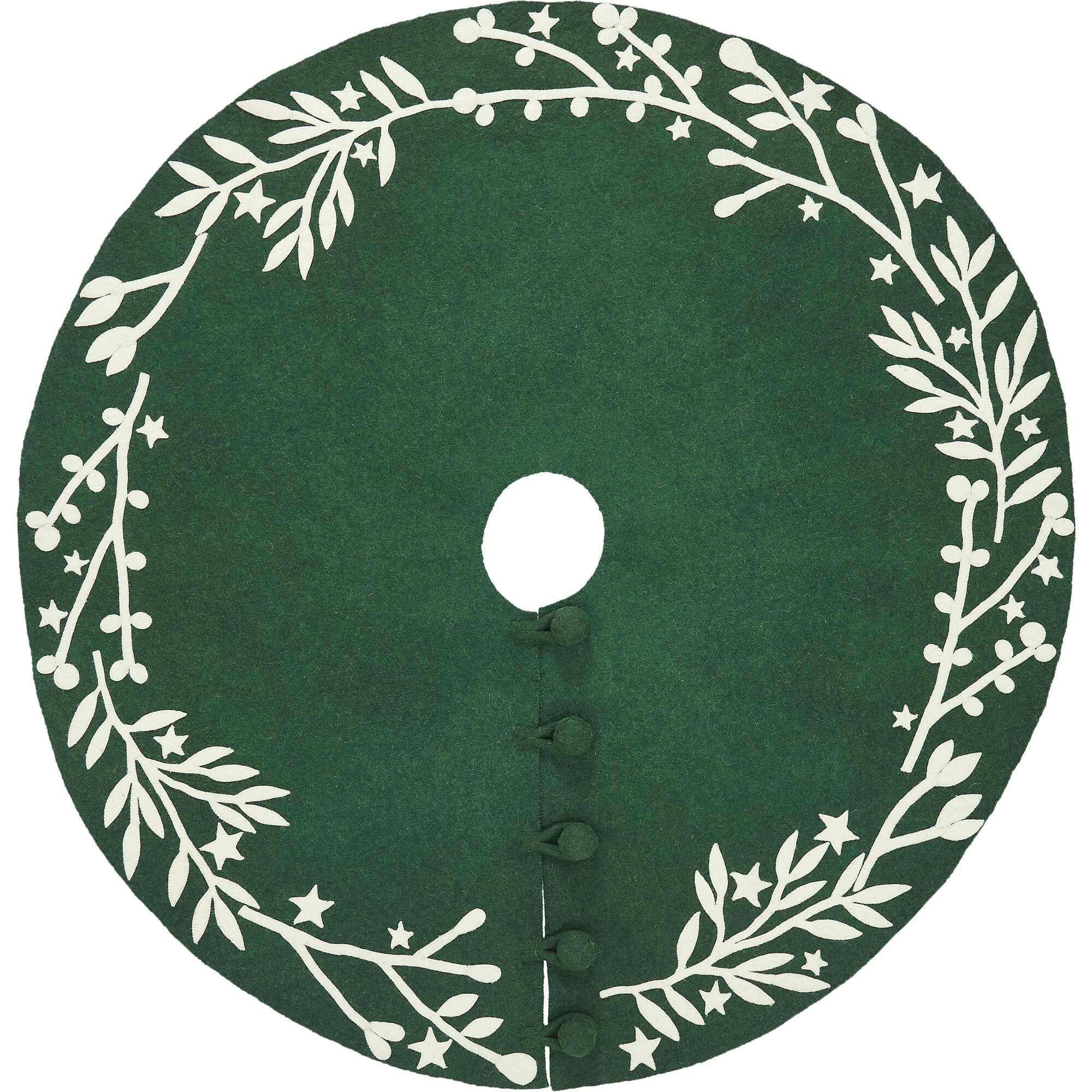 Handmade Green Christmas Tree Skirt in Felt - Cream Branches and Stars - 60”