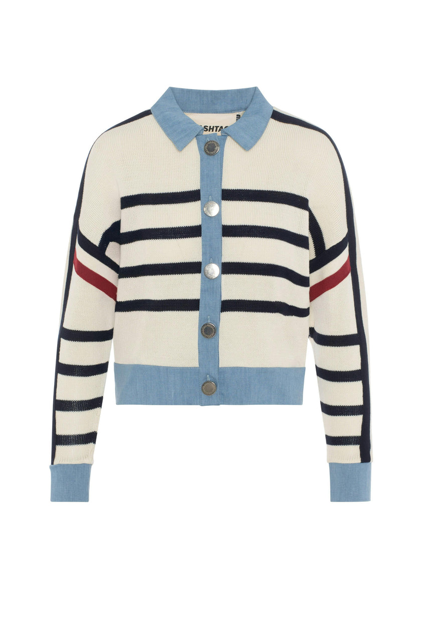 Striped Knit Denim Combo Cardigan