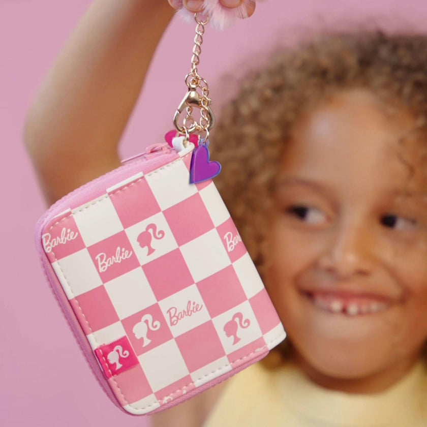 Barbie™ Pink Checkered Kids Zip Wallet with Pom Charm