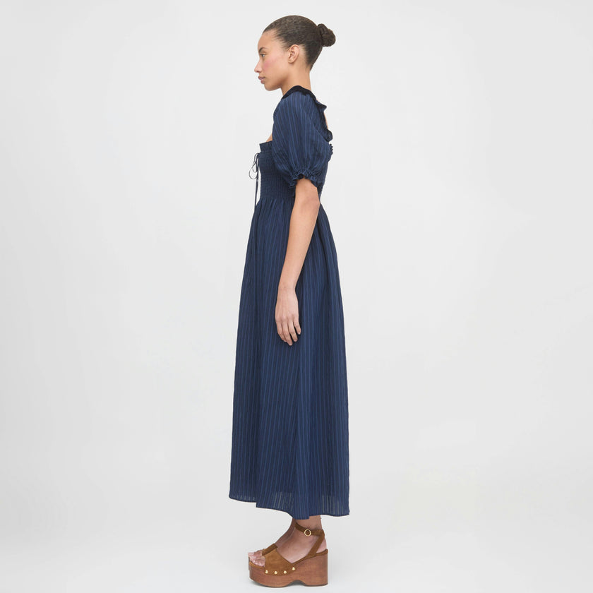 The Scarlett Midi Nap Dress - Navy Tonal Seersucker